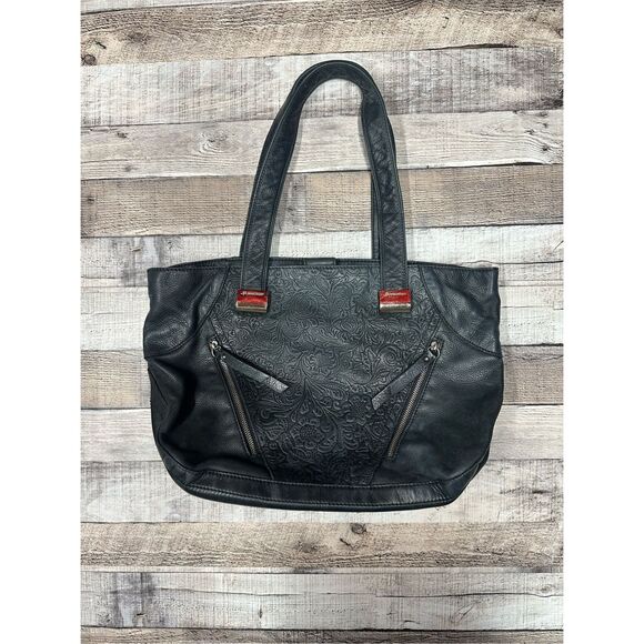 Vintage y2k B Makowsky Black Genuine Leather Embossed Floral Detail Tote Handbag - Picture 1 of 12
